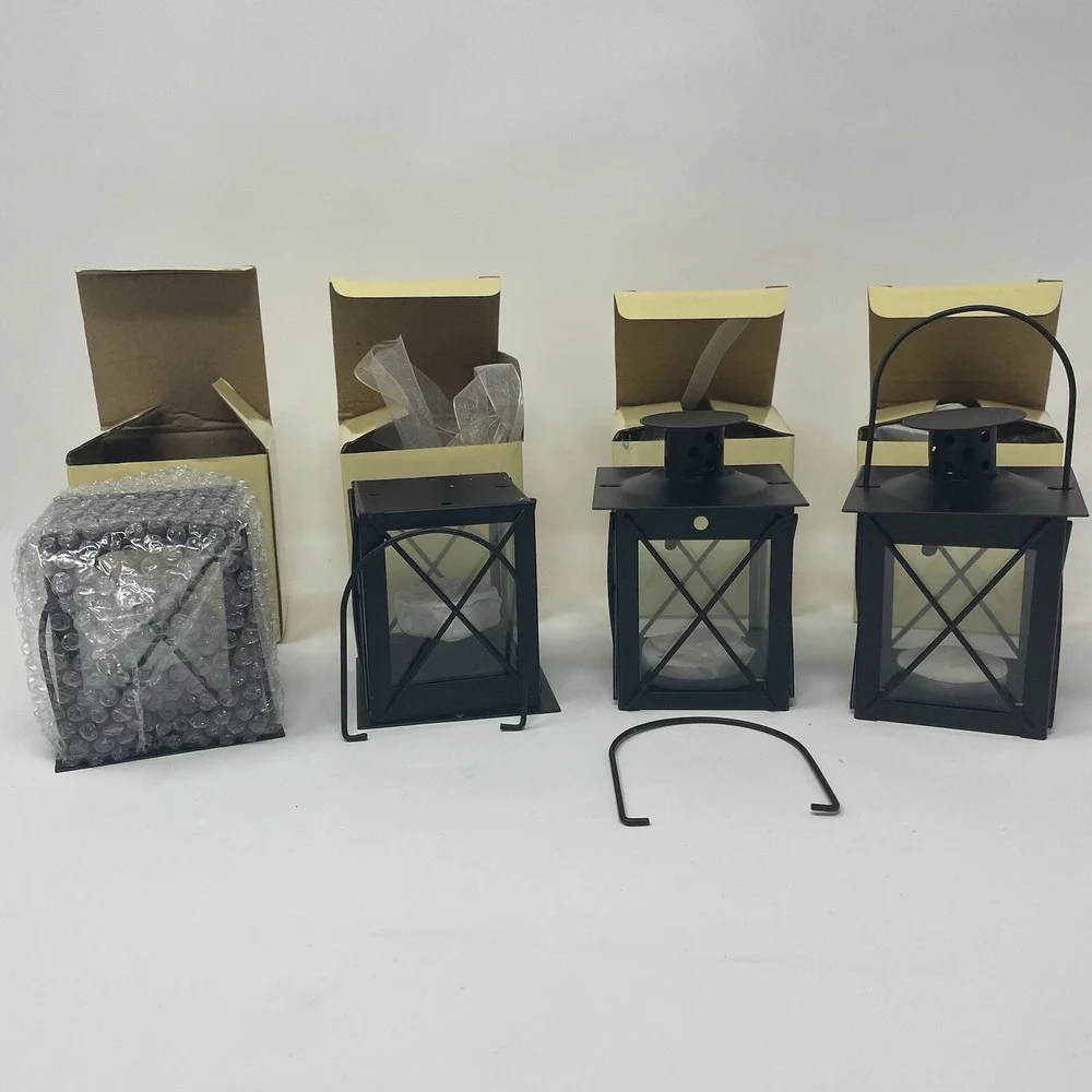 Mini Votive Candle Lanterns Black‎ - Set of 4 with gift boxes, ribbon and candle